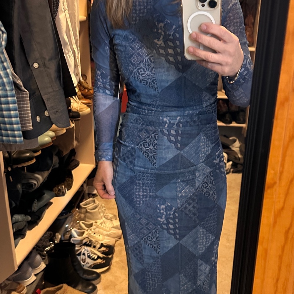 Reba Blue Patterned Long-Sleeve Ruched Maxi Dress
